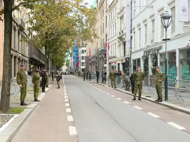 Norwegian military and police secure a central Oslo street